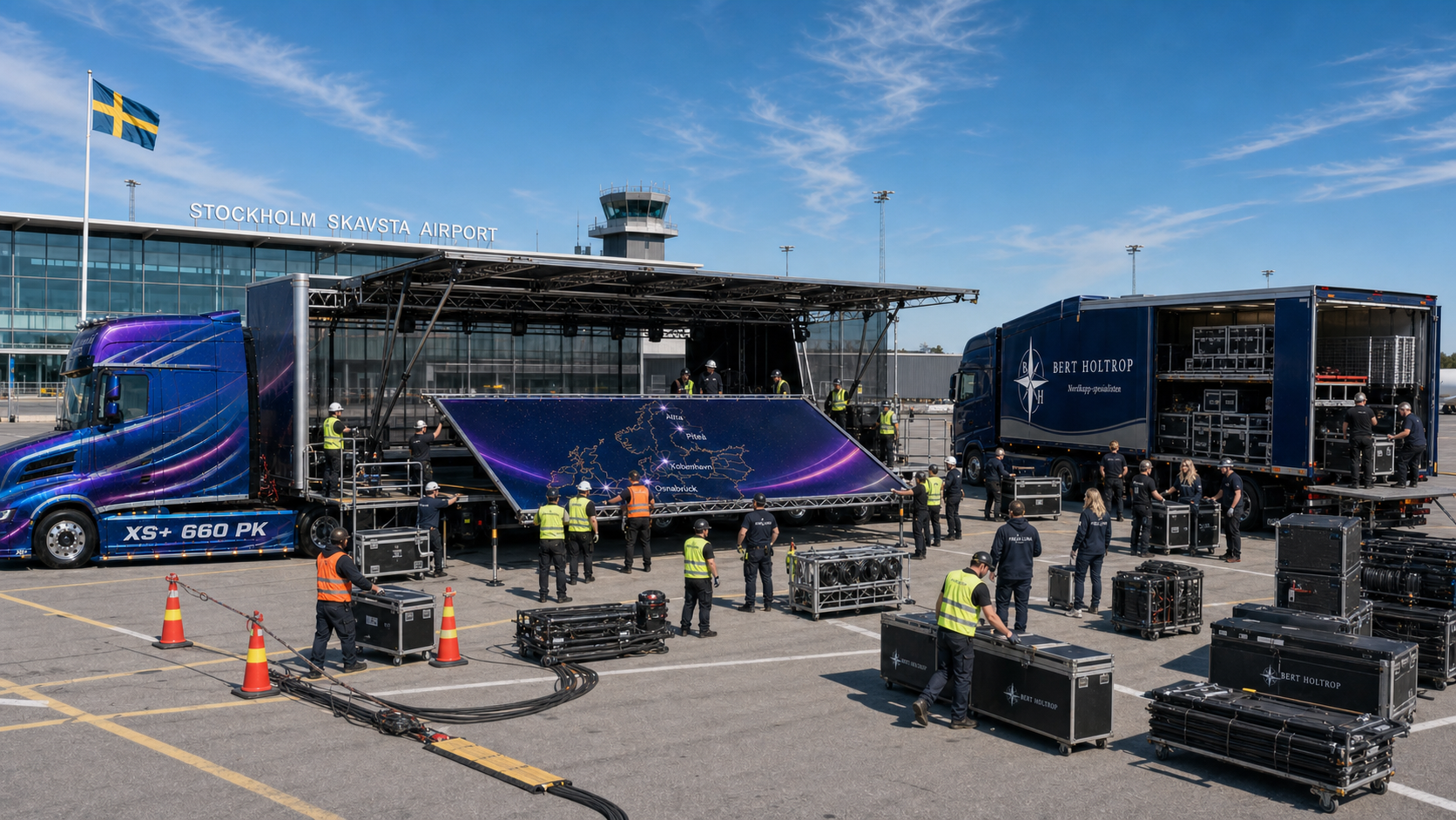 Technisch team bouwt de podiumtruck op bij Stockholm Skavsta Airport