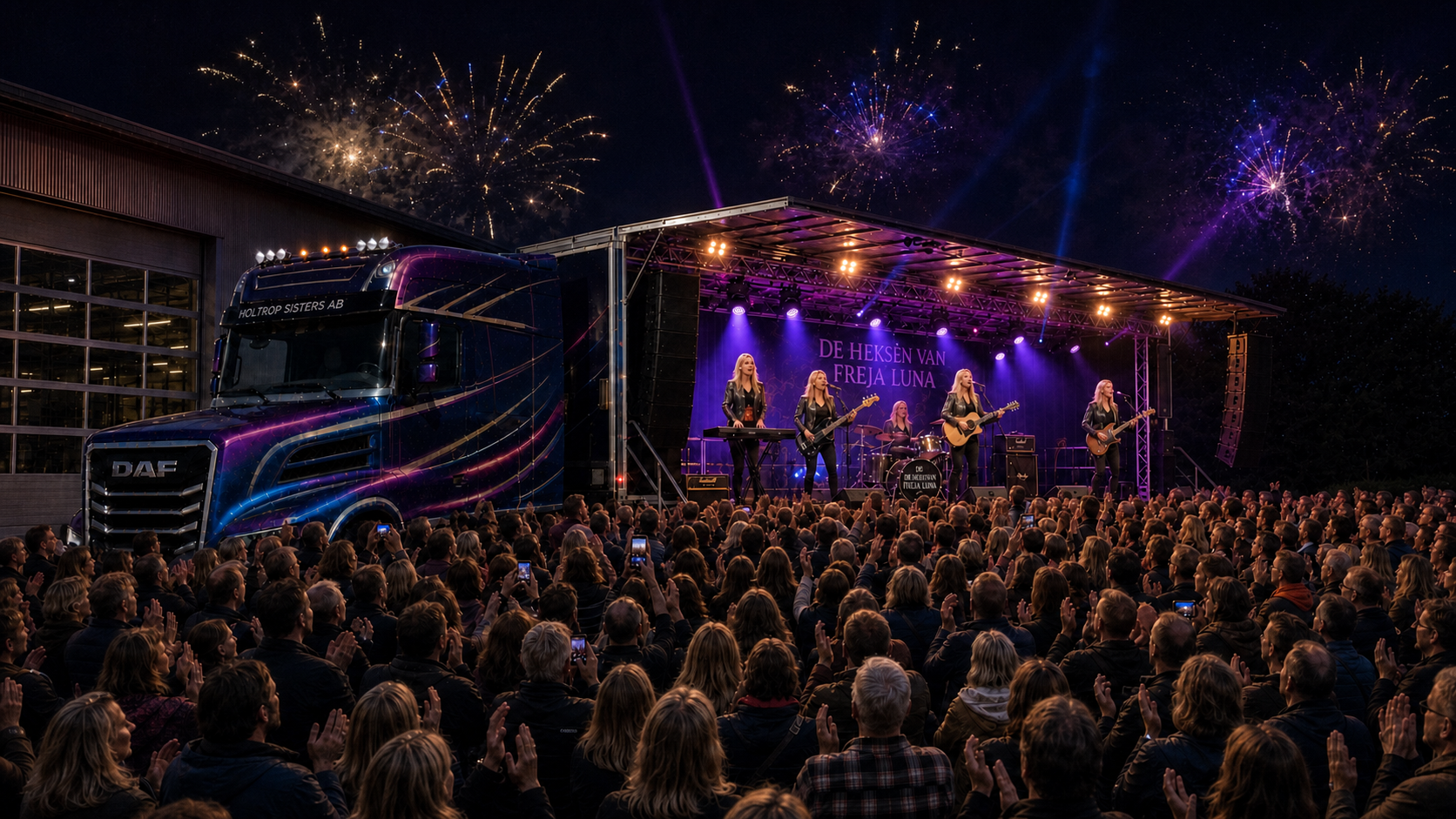 Avondconcert op het uitgeklapte podium met publiek en vuurwerk