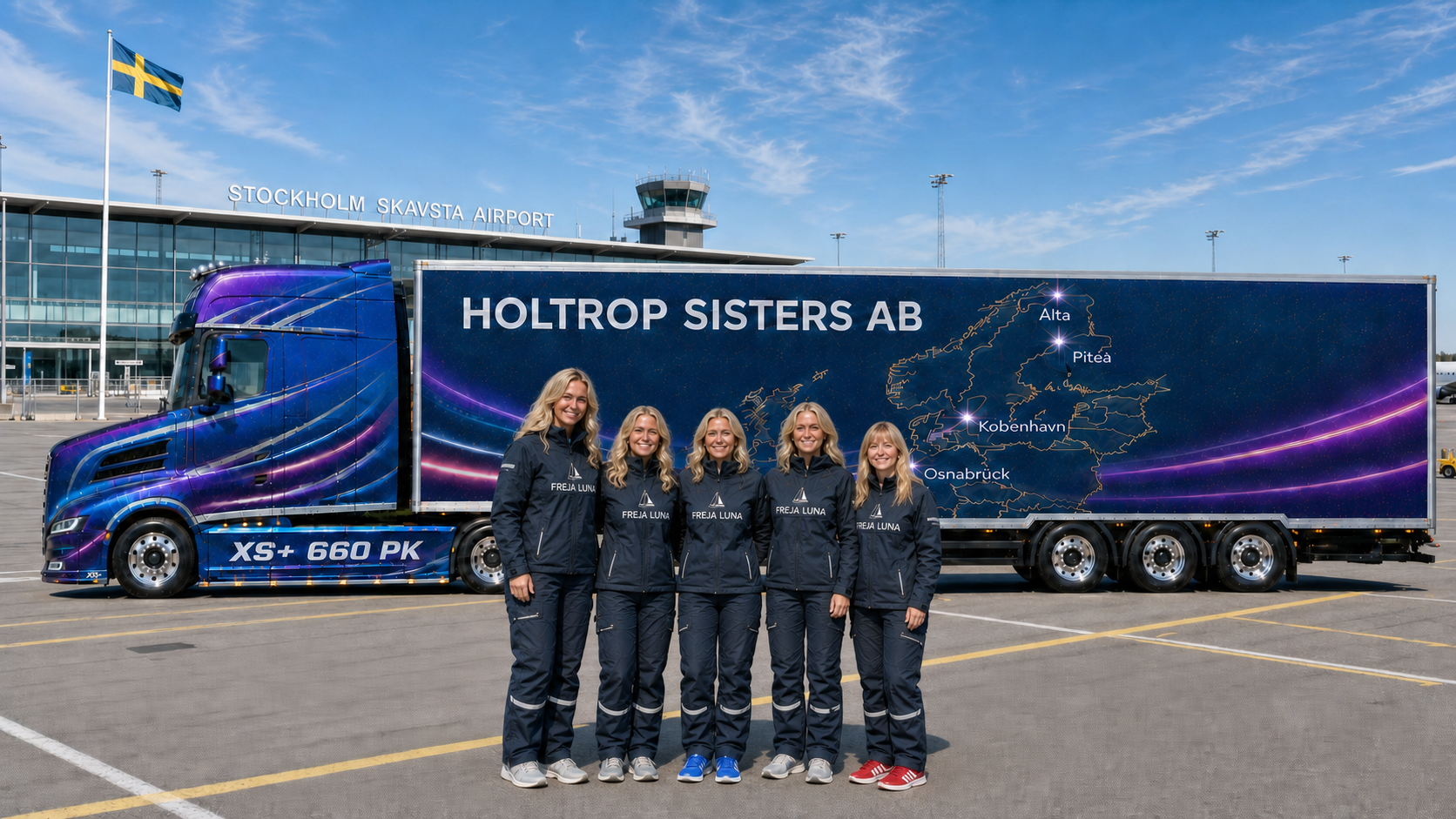Het Freja Luna-team poseert voor de gesloten podiumtruck op Skavsta Airport